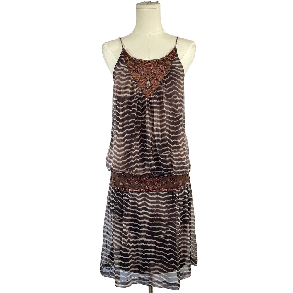 Sue Wong Drop Waist Beaded Silk Dress 8 Brown Animal Print Boho Cocktail Luxury